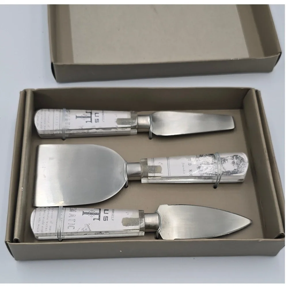 Vintage Style Cheese Knife Set 3pc Stainless Steel Acrylic Graphic Handles Boxed